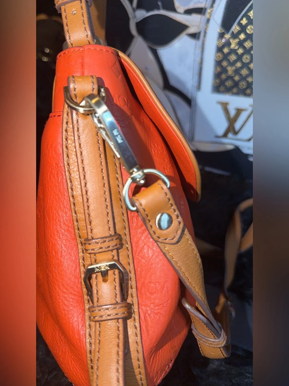 MCM Orange Pebbled Leather Shoulder Bag with Gold Logo